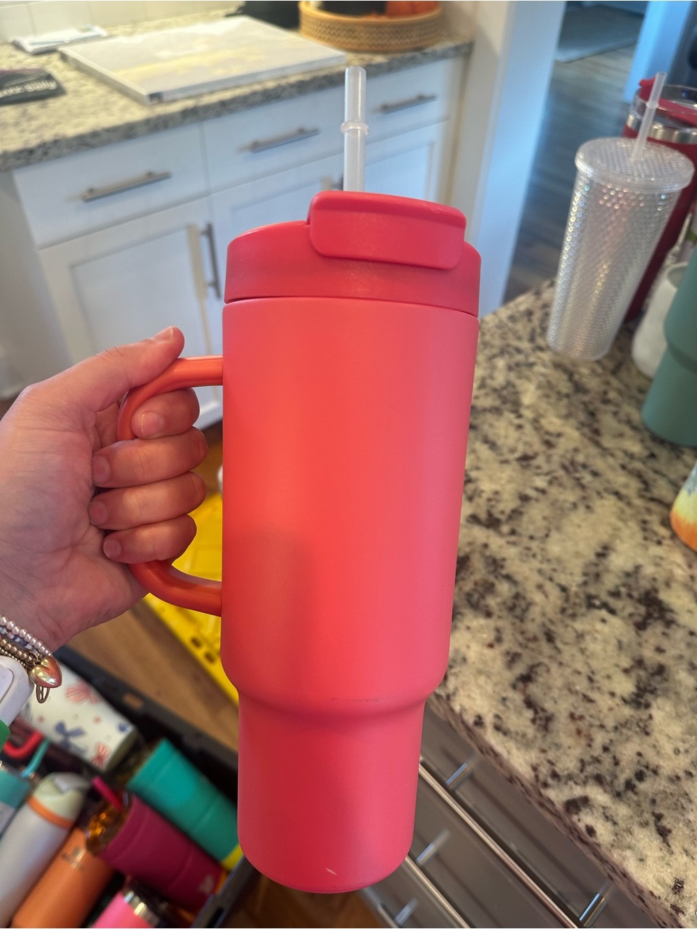 Double-Wall Insulated Travel Tumbler with Handle in Coral Pink